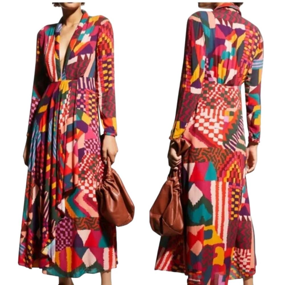 FARM RIO Red Abstract Patches Maxi Dress Long Sleeves 293329 Women's XS NWT‎